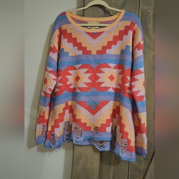 WILDFOX Desert Drive Multicolor PatternedSweater in Acid Pink. Size Small - Picture 6 of 15